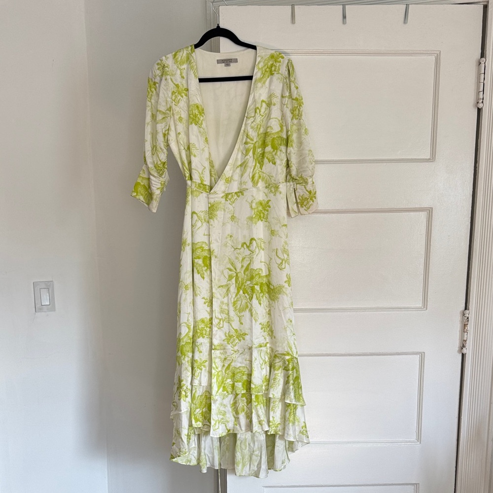 All Saints Women’s White Wrap Dress with Light Green Floral Print